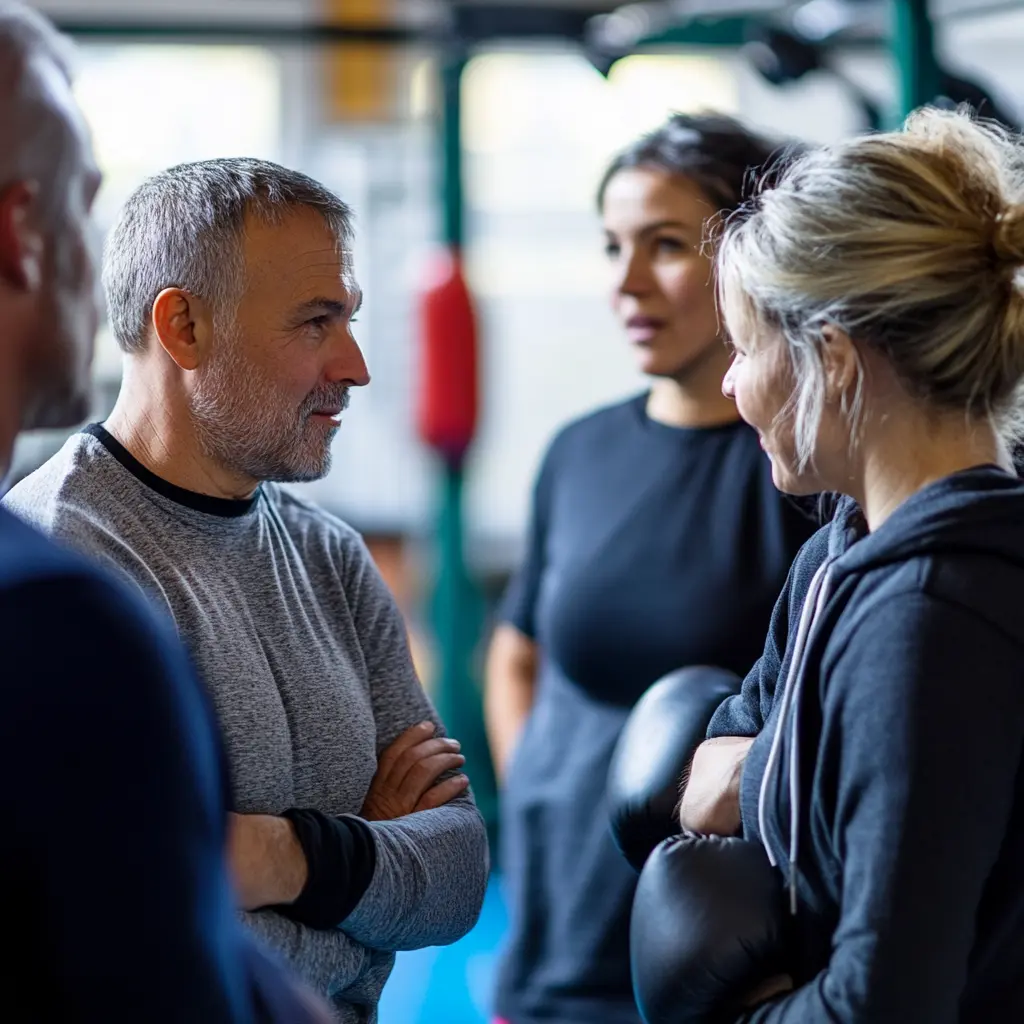 Ein Trainer von Strong Kids im Gespräch mit Eltern am Rande der Trainingsmatte.